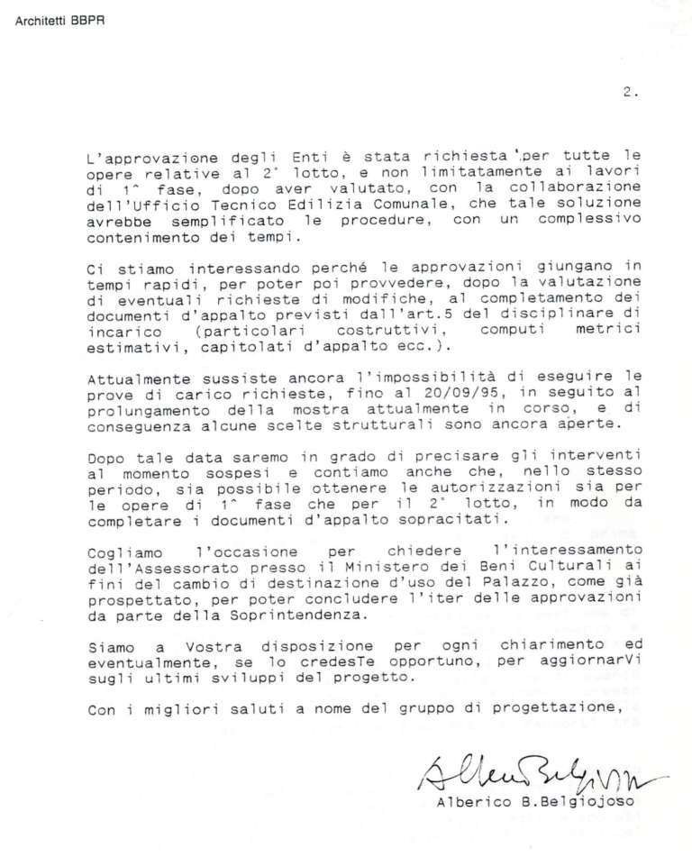 Lettera firmata da Alberico di Belgiojoso relativa alla ristrutturazione di Palazzo Reale datata 13 luglio 1995