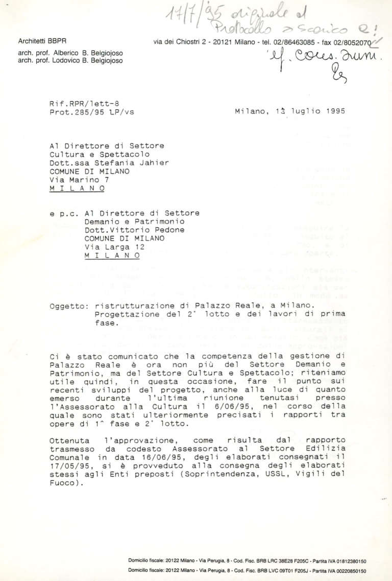 Lettera firmata da Alberico di Belgiojoso relativa alla ristrutturazione di Palazzo Reale datata 13 luglio 1995