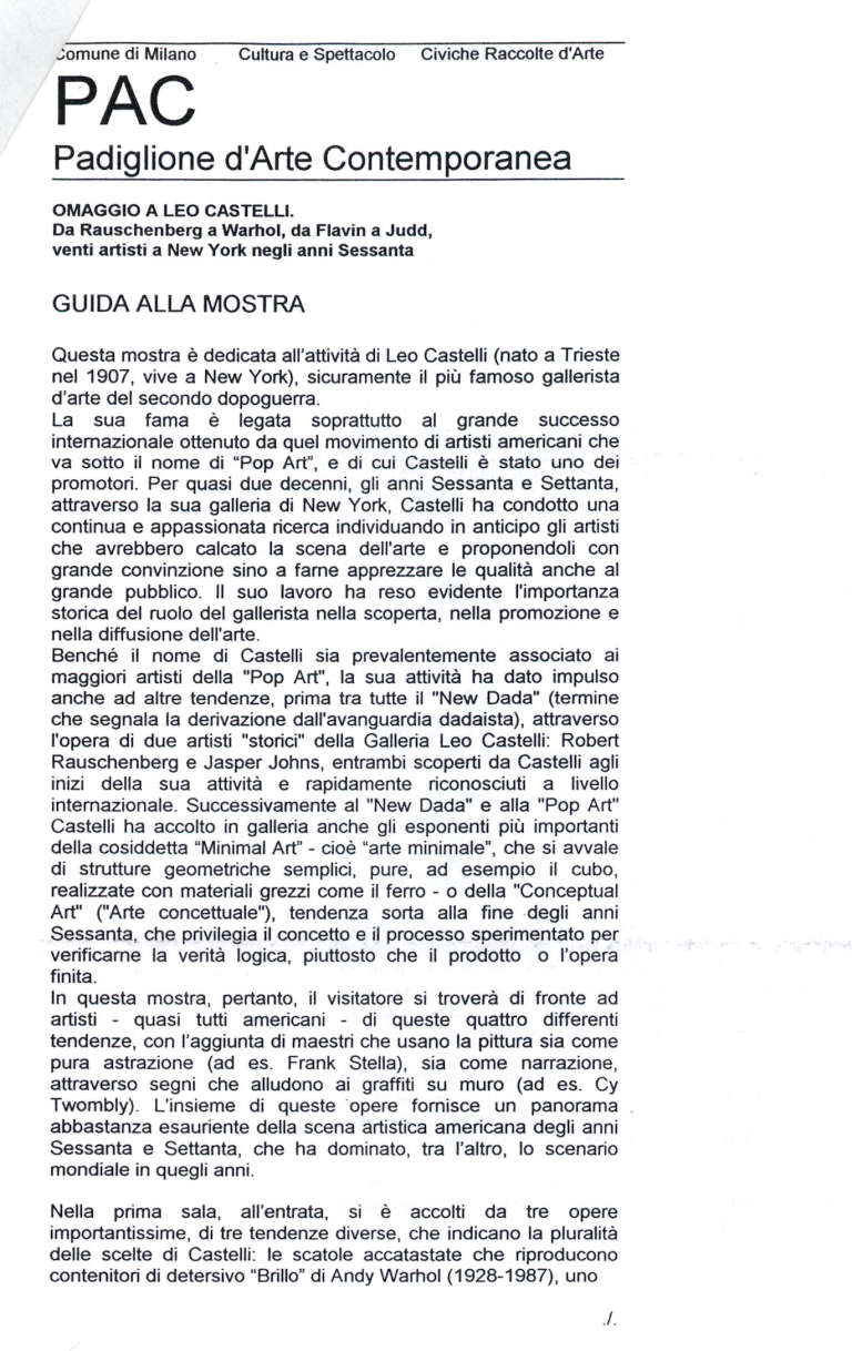 Guida alla mostra Omaggio a Leo Castelli