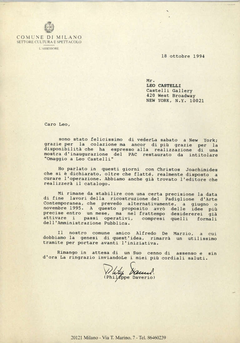 Lettera datata 18 ottobre 1994 firmata da Daverio inviata a Leo Castelli a seguito del primo incontro avvenuto a New York per la proposta del progetto della mostra