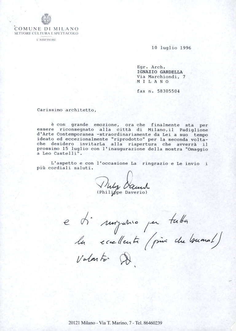 Lettera di invito all’arch. Ignazio Gardella firmata da Daverio in data 10 luglio 1996