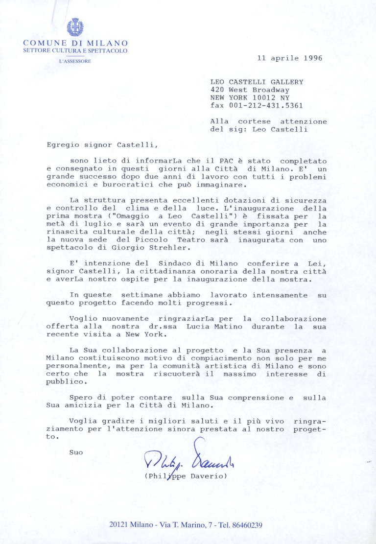 Lettera firmata da Daverio di ringraziamento a Leo Castelli per la realizzazione della mostra, la partecipazione al vernissage e il conferimento della cittadinanza onor